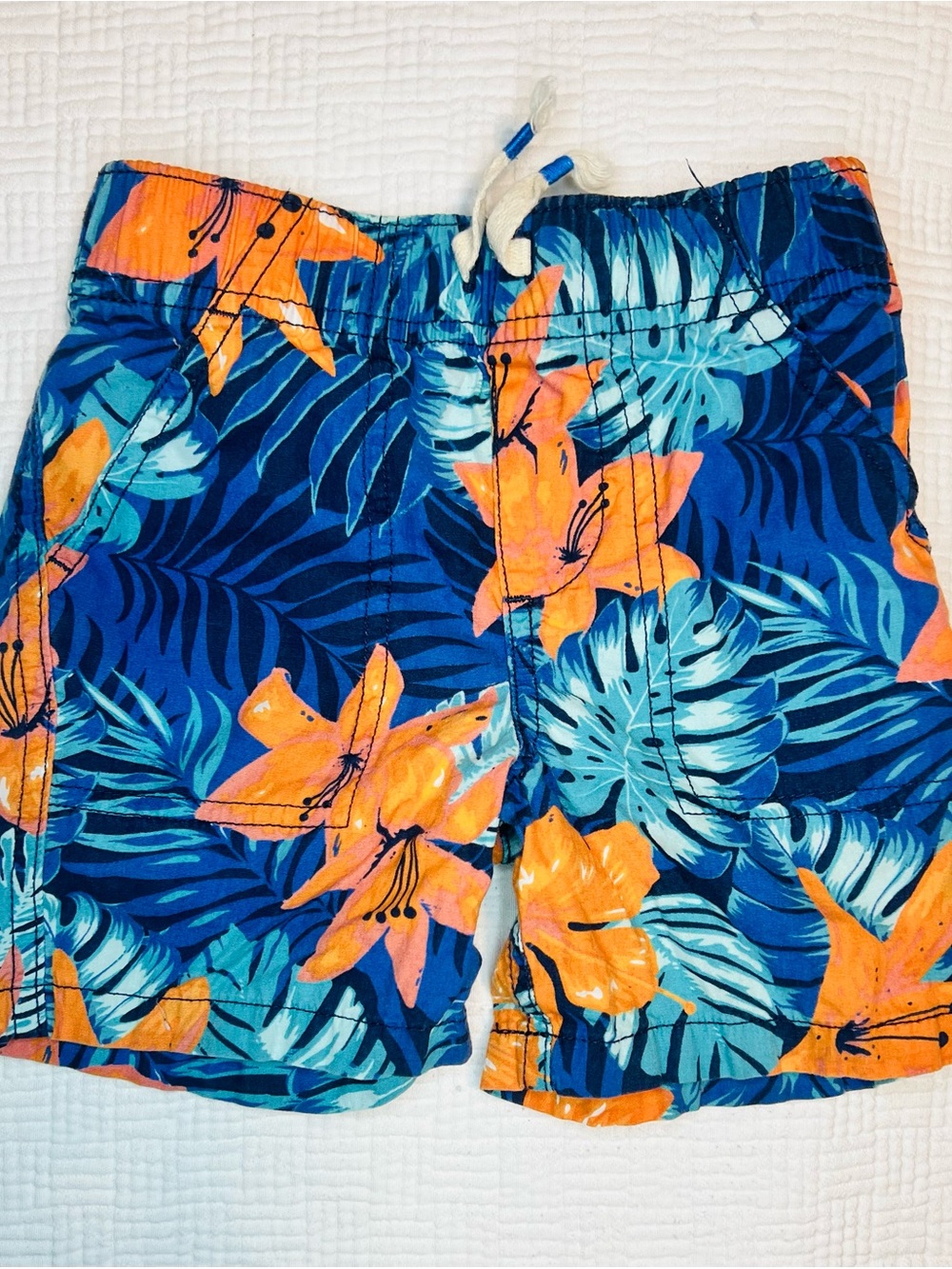 Boys Granimals Blue Floral Swim Shorts with Orange Accents